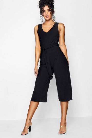 Basic Ribbed Culotte Jumpsuit black