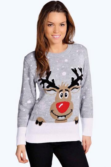 Silver Contrast Hem Reindeer Christmas Sweater