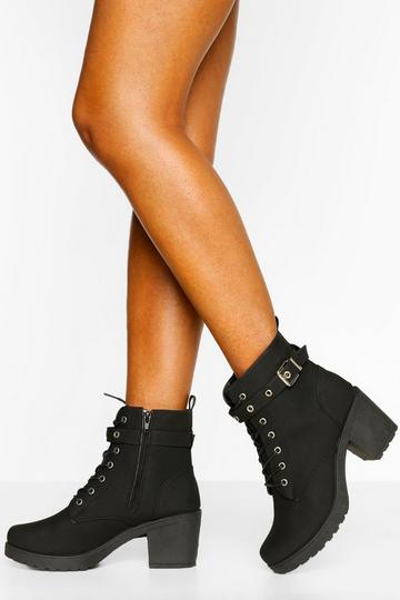 Buckle Lace Up Chunky Hiker Boots black