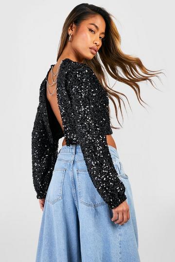 Sequin Chain Back Detail Long Sleeve Top black