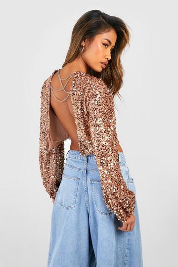 NEW Womens Brown Long Sleeve Gold Sequin Embellished Top Tunic T-Shirt