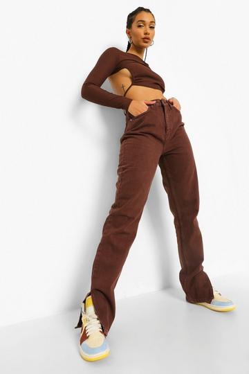 Brown Side Split Straight Jeans