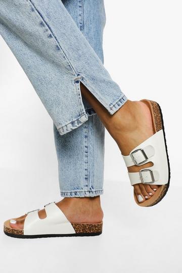 Double Buckle Footbed Slider white