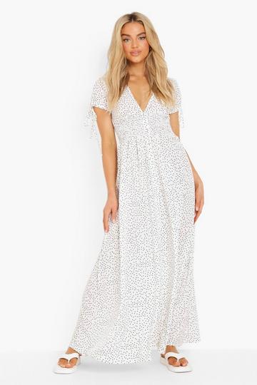 White Polka Dot Shirred Waist Maxi Dress