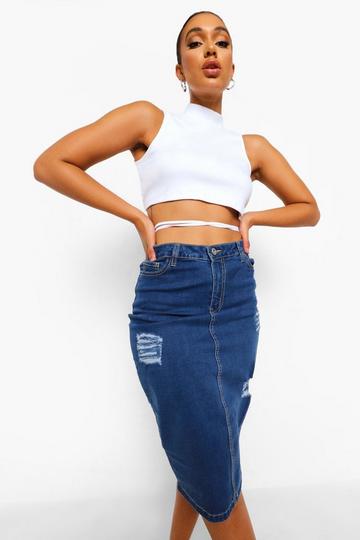 Distressed Denim Midi Skirt dark blue