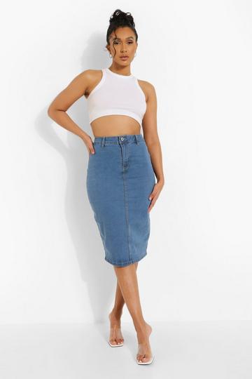 Stretch Denim Midi Skirt mid blue
