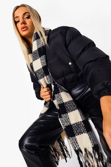 Black Chunky Oversized Check Fringe Scarf