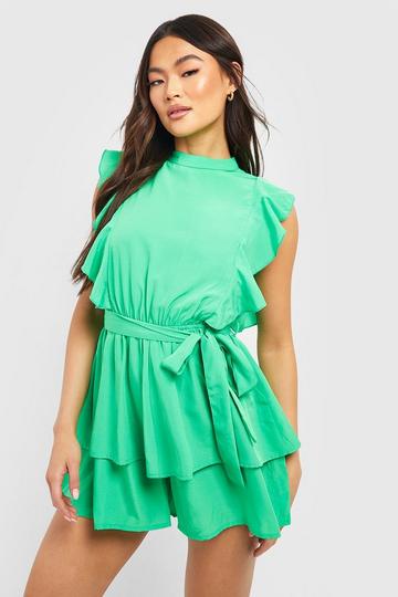 Green High Neck Frill Detail Belted Romper