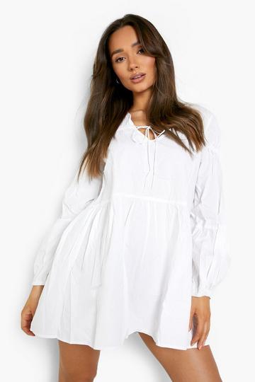 Tie Front 3/4 Frill Sleeve Smock Mini Dress white