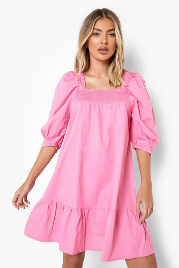Cotton Puff Sleeve Dropped Hem Smock Dress pink