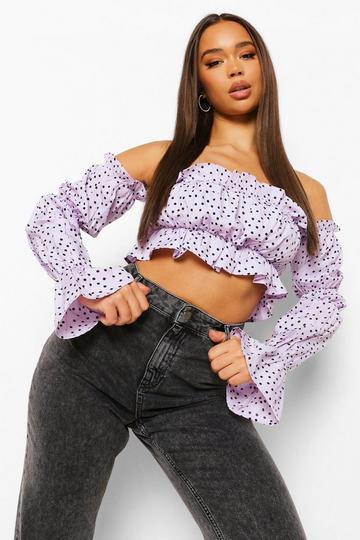 Woven Polka Dot Off The Shoulder Crop Top lilac