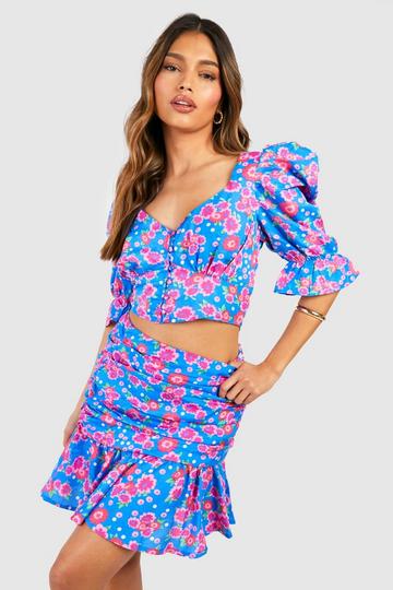 Ditsy Floral Puff Sleeve Top & Ruffle Mini bright blue