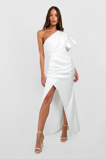 Puff One Shoulder Side Split Maxi Dress white