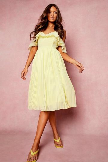 Lemon Yellow Cold Shoulder Ruffle Midi Bridesmaid Dress