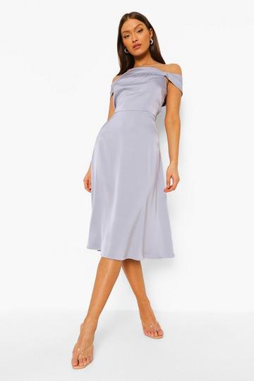 Blue Satin Off The Shoulder Drape Midi Dress