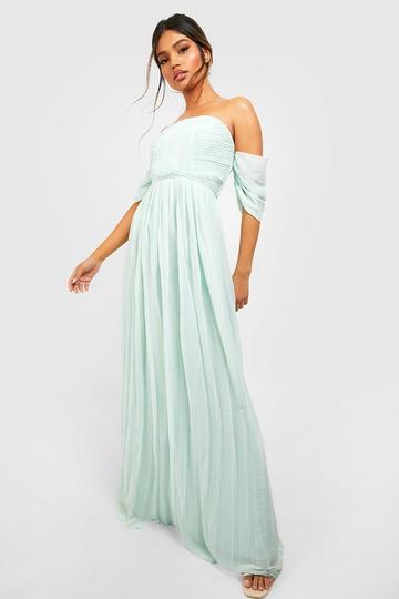Pleated Bardot Bridesmaid Maxi Dress mint