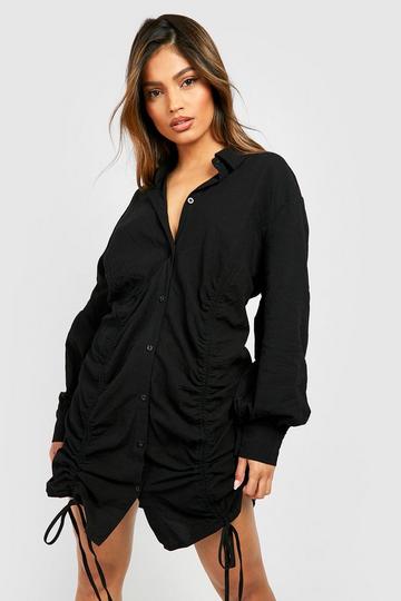 Black Ruched Linen Shirt Dress