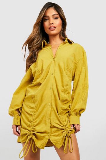 Ruched Linen Shirt Dress chartreuse