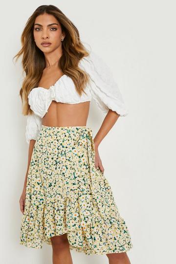 Daisy Floral Woven Frill Wrap Midi Skirt lemon