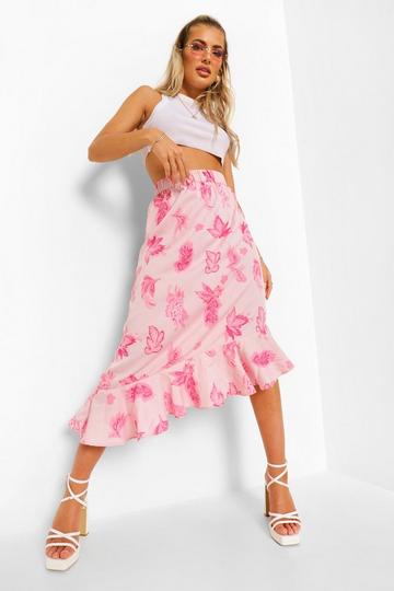 Paisley Floral Ruffle Hem Midi Skirt rose pink