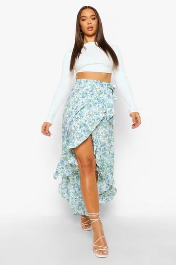 Ditsy Floral Woven Frill Maxi Skirt ivory