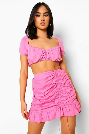 Cotton Ruched Side Frill Mini Skirt pink