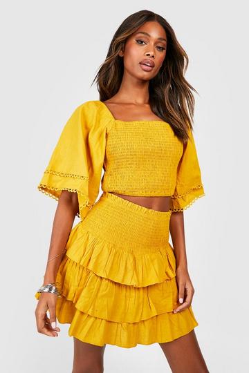 Mustard Yellow Linen Look Shirred Top & Rara Skirt