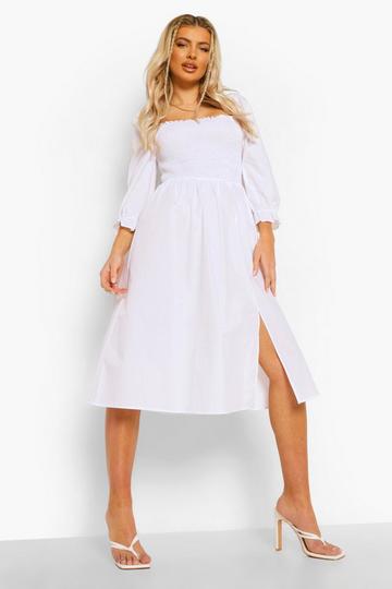 Cotton Shirred Puff Sleeve Midi Dress white
