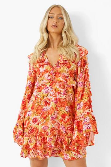 Floral Print Extreme Ruffle Skater Dress orange