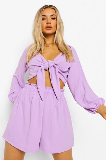 Knot Tie Top & Relaxed Fit Shorts lilac