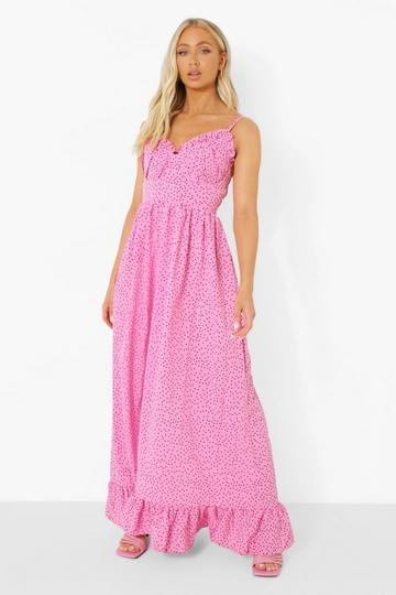 Pink Polka Dot Ruched Bust Frill Hem Maxi Dress