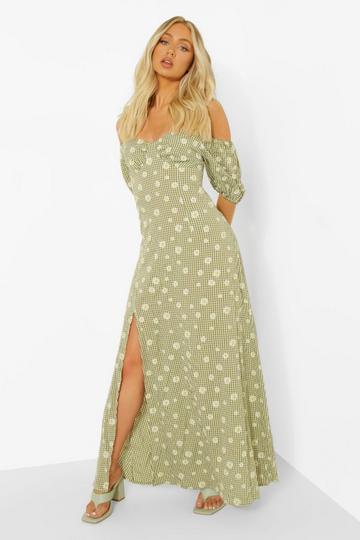Green Gingham Daisy Puff Sleeve Bardot Maxi Dress