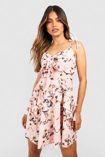 Pink Floral Tiered Ruffle Tie Detail Swing Dress