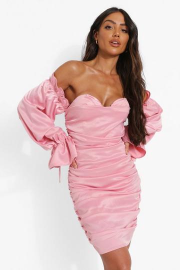 Pink Satin Ruched Bardot Long Sleeve Mini Dress