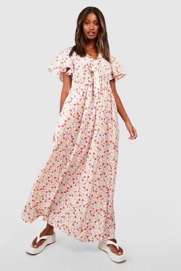 Floral Frill Sleeve Plunge Maxi Dress white