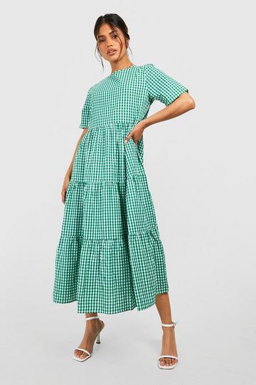 Green Cotton Gingham Midaxi Smock Dress
