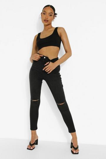 Black High Rise Disco Jeans With Knee Slash