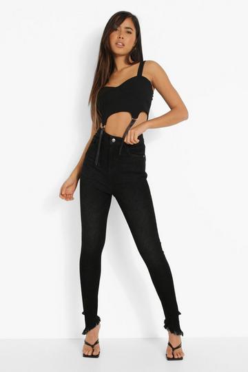 Black Distressed Asymmetric Hem Skinny Jeans
