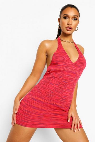 V Neck Halter Knitted Mini Dress rustic brown