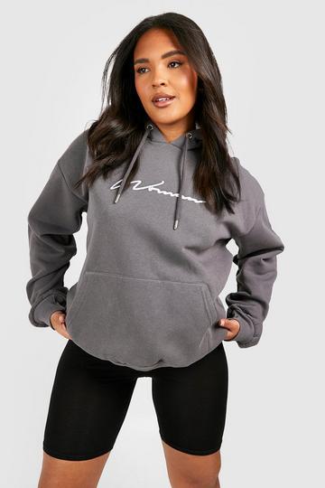 Plus Embroidered Woman Script Hoodie charcoal