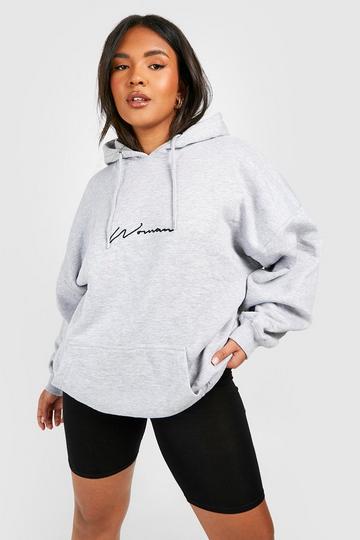 Recycled Plus Embroidered Woman Script Hoodie grey marl