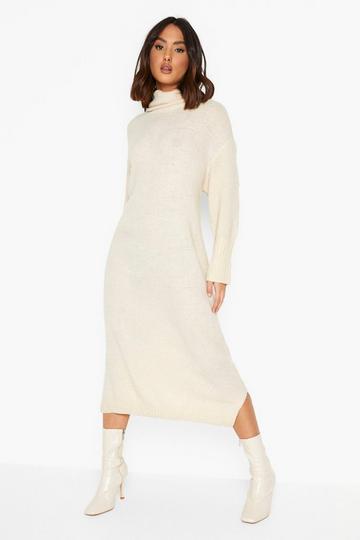 Stone Beige Cowl Neck Midaxi Knitted Dress