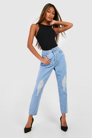 Light Brown Basic High Waisted Slashed Knee Mom Jeans