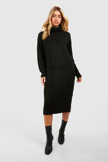 Black Cable Knit Turtleneck Midi Dress