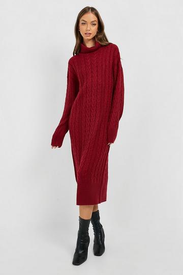 Red Cable Knit Turtleneck Midi Dress