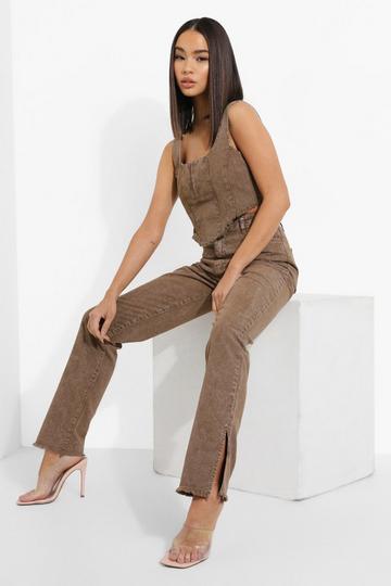 Brown Fray Split Hem High Waist Jeans