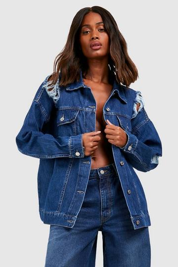 Blue Oversized Busted Boyfriend Denim Jacket