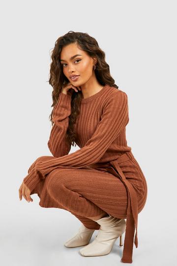 Rib Knit Belted Midi Dress brown