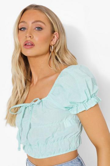 Sage Green Woven Tie Detail Puff Sleeve Top