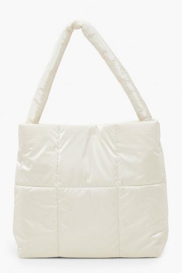 Cream White Nylon Quilted Tote Bag